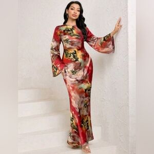 Women's Elegant Tie Dye Gradient Green Print Flared Long Sleeve Dress With Waist